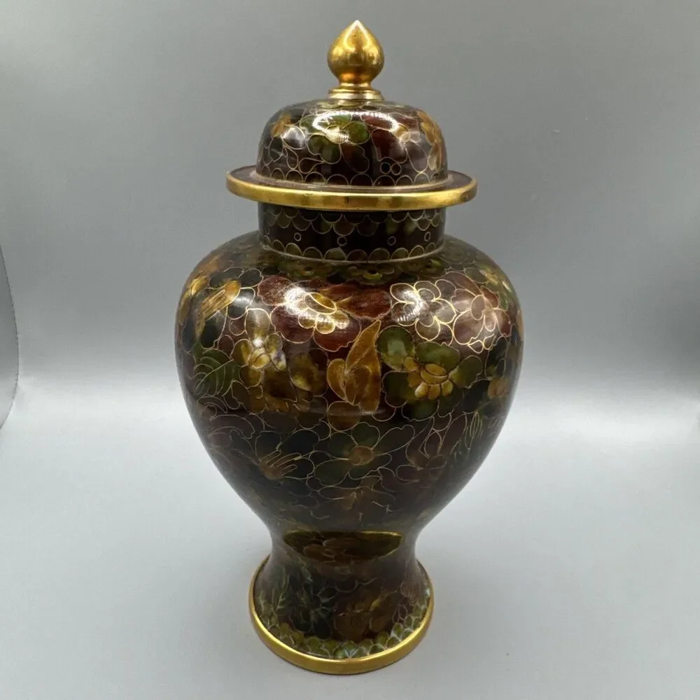 Elegant 8.5” VNT Chinese Thousand Flower Millefleur Cloisonne Brass Ginger Jar